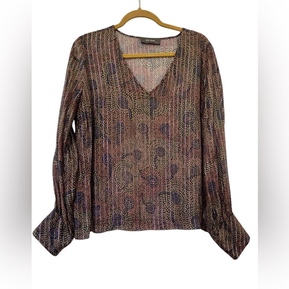 Mos Mosh Metallic Thread V-Neck Blouse | Size L (Fits M–L) | Danish Brand